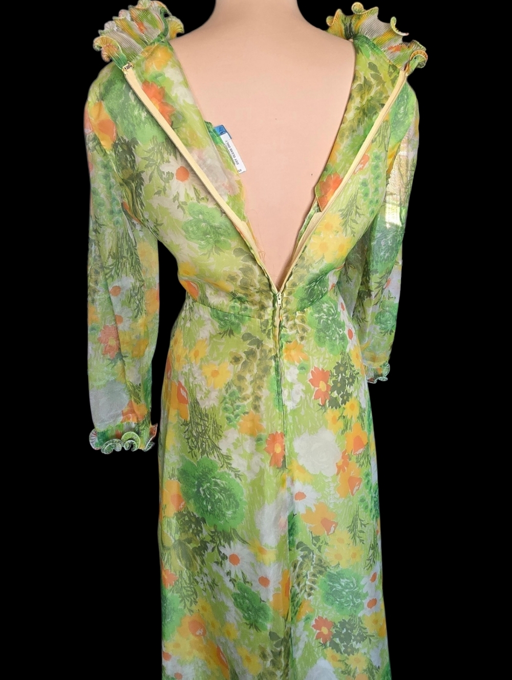 VTG 60s Mod Hippie Dress Long Chiffon Green Daisy Floral Formal Hostess Gown - Picture 10 of 11